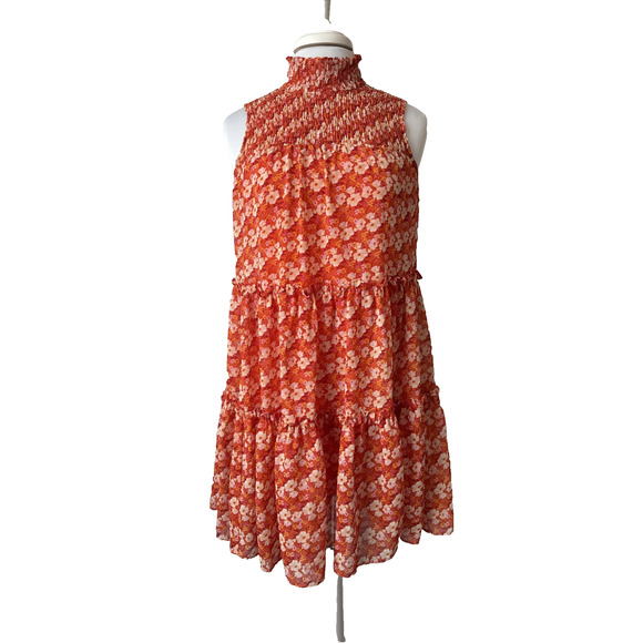 Taylor Women’s XS Boho Sheer Tiered Ruffle Floral Smocked High Neck Mini Dress - Picture 1 of 9